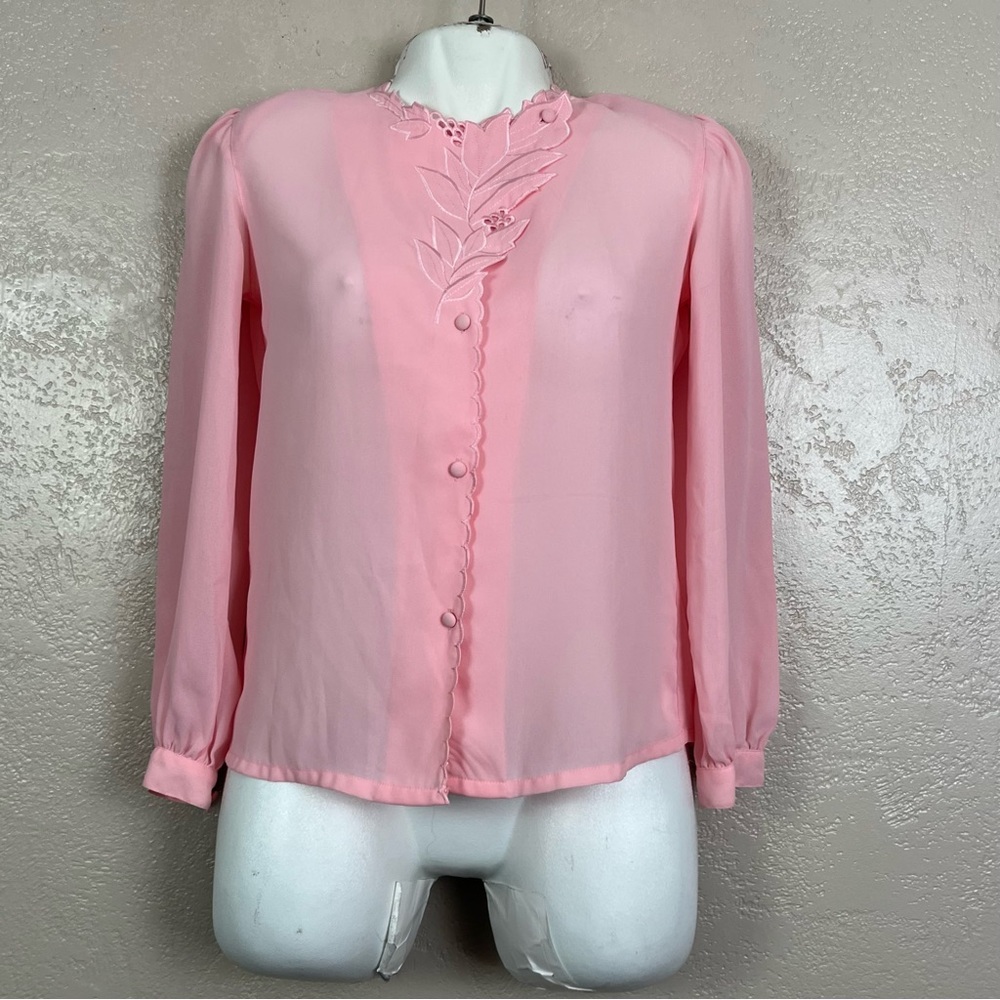 La Blouse Womens Size 4 Vintage Top Pink Long Sleeves Beaded Floral Embroidery - Picture 4 of 11